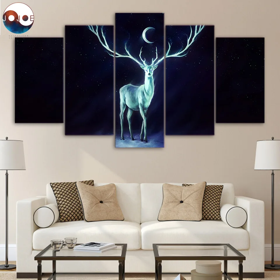 Stag Doe Red Deer At Sunset 5 Piece Canvas Print Wall Art