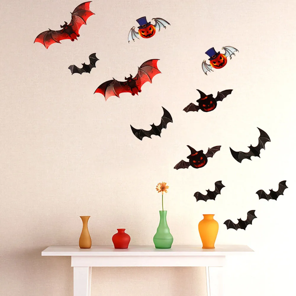 

12PCS Bat Wall Sticker Vinyl Removable 3D DIY PVC Bat Pumpkin Wall Sticker Decal Home Halloween Decoration 2O0907
