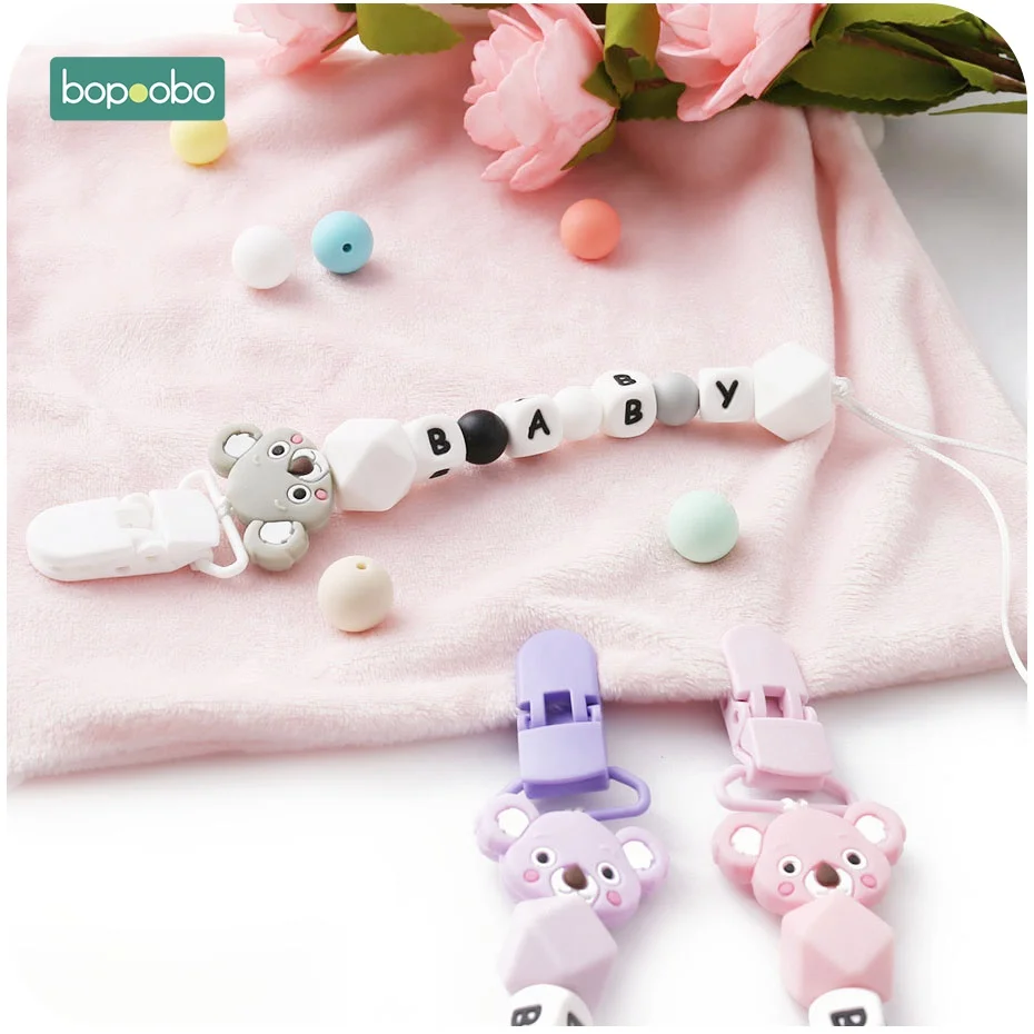 Bopoobo 6pc Custom Personalized Mini Koala Dummy Clip Food Grad Silicone Chew Beads Baby Teething DIY Baby Dummy Clips