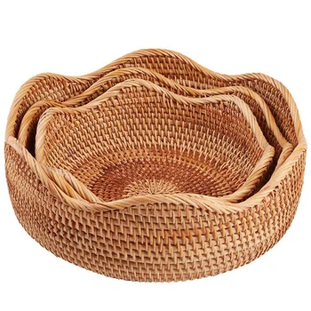 

Handmade Rattan Round Fruit Basket Food Storage Bowls Kitchen Organizer Snack Serving Bowl 3-Size Kit