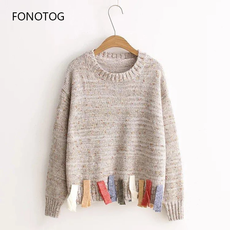 2018 Winter New Underwear Fringed Sweater Loose Fashion Stitching Ladies Knit Pullover Girl's Clothes | Женская одежда