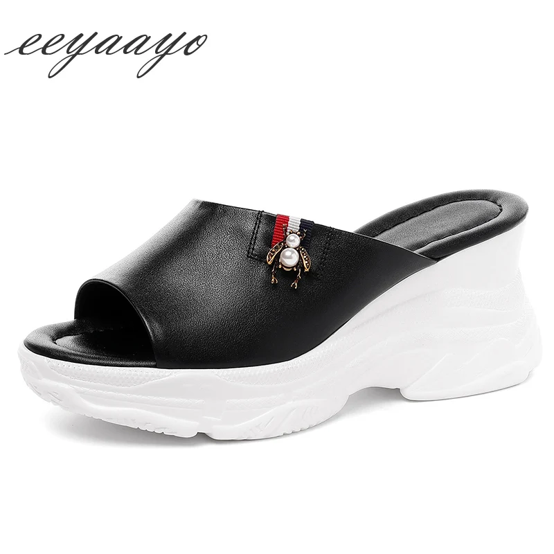 

2019 New Genuine Leather Summer Women Slippers High Wedge Heel Fashion Casual Mules Women Platform Shoes Black Outside Slides