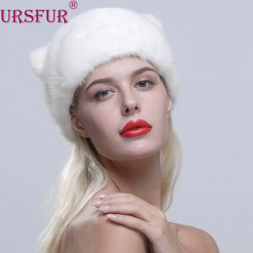 URSFUR Women's Winter Cat Ears Hat Real Mink Fur Cap with Fur Tail New