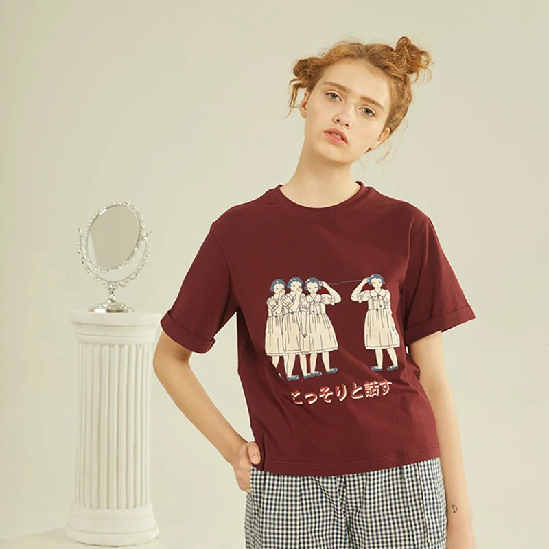 

2018 Summer New Women Tee Shirt Tops O Neck Short Sleeve Cartoon Girls Print Letters Ladies Short T-shirt Cotton Preppy Style