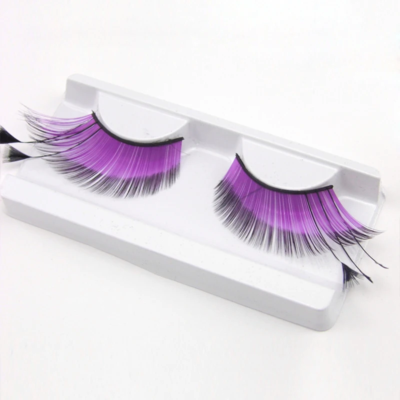 New ! Purple Colorful Long Feather Eye Lashes Costume Party Thick False