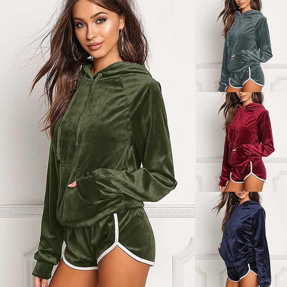 

2019 Women Velvet Tracksuit 2 Pieces Set Hoodies + Shorts Pullover Running Sportswear Jogging Suit Sports Outfit Spring Winter
