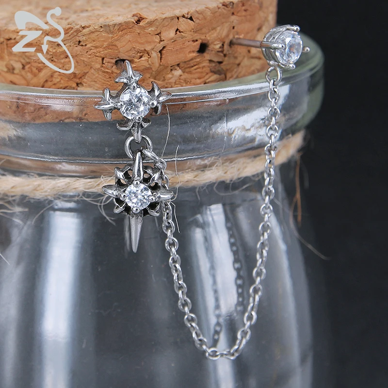 ZS Double Cross Punk Chain Tassel Stud Earrings for Men