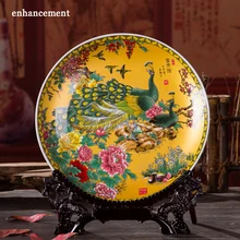Royal Chinese Style Home Decor Ceramic Ornamental Plate Chinese Decoration Plate Wood Base Porcelain Plate Wedding