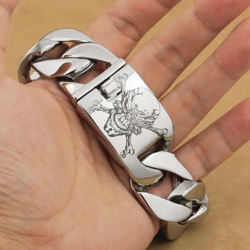 Goede LINSION 6 Lengtes Diepe Gegraveerd Enorme Zware 316L Rvs Pirate Skull Mens Biker Rock Punk Curb Link Armband 5D101