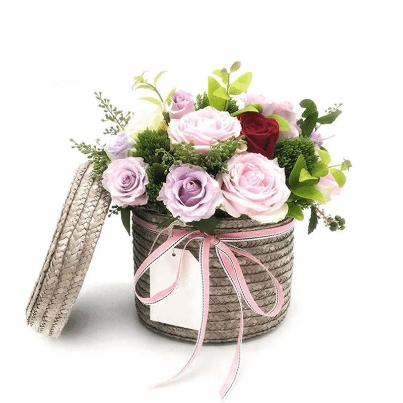 

2PCS/Set Wheat Straw Flower Basket 2018 New Straw Hat Weave Decorative Flowers Barrel Bonsai Container Storage Basket with Lid
