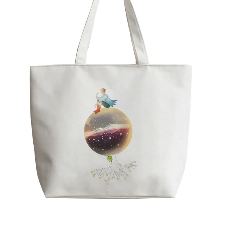 

The Little Prince Moon Stars Anime Canvas Tote bags Cartoon Shopping bag school Shoulder Reusable Shopper Grocery Bag GA416