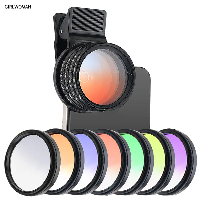 

Girlwoman 52mm Circular Adjustable Gradual Filter Mobile Phone Camera Lens Gradient Filter Grey Orange Blue Red Yellow Green