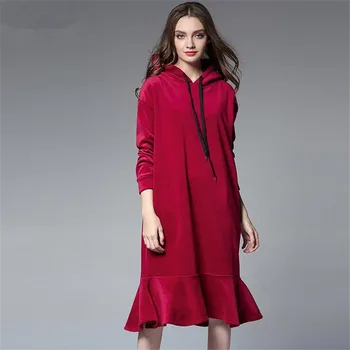 

Plus Size XL-XXXXL Winter Thicken Hooded Dress For women 2017 Add wool inside Long Sleeve Solid Warm Fish Hem Dress Vestidos