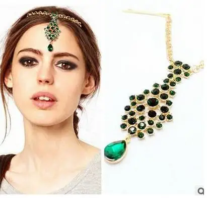 Индийский стиль Золотой Цвет головы цепи частей для женщин Boho Зеленый