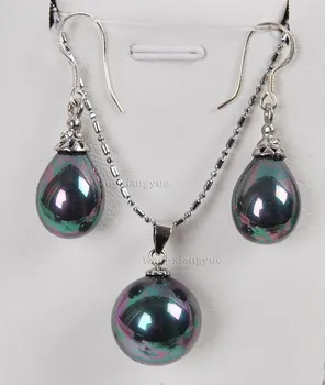 

South Black Sea Shell Pearl Earrings(12x16mm)/ Pendant(16mm) Necklace Set 18" AAA style Fine Noble real Natural free shipping