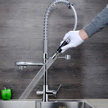 شراءJMKWS الربيع صنبور المطبخ الحديثة تصميم المطبخ الحنفيات النحاس الكروم بالوعة سفينة الحنفية 3 ثقوب صنابير المياه منفذ سحب أسفل خلاط