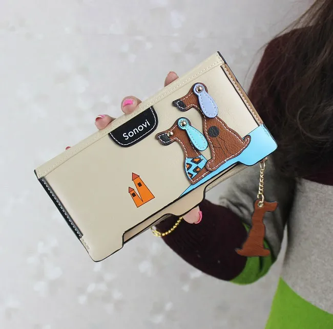 2016 Women Leather Wallet Fashion Cute Dog PU Thin Wallet Long Design Ladies Zipper Clutch
