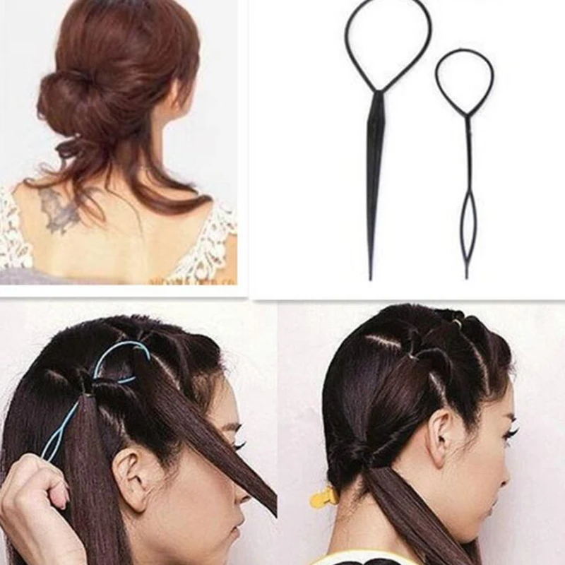 

Popular 2 pcs Ponytail Creator Plastic Loop Styling Tools Black Topsy Pony topsy Tail Clip Hair Braid Maker Styling Tool Fashion