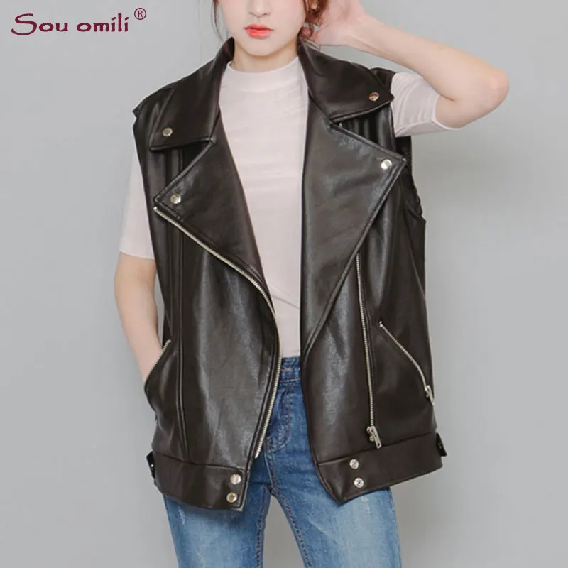 

Boyfriend Long Leather Vest Women Soft Vest Ladies tatical Leather Motorcycle Vest Pockets Outerwear Rivet colete feminino Biker