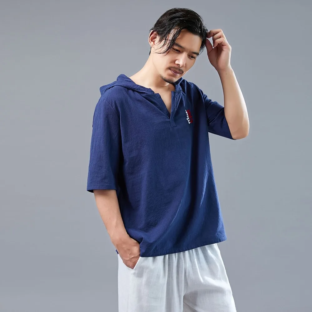 LZJN 2019 Men's Shirt Summer Style Hooded Short Sleeve Blouse Top Men New Casual Embroidery Cotton Linen Shirt Camisas De Hombre (19)