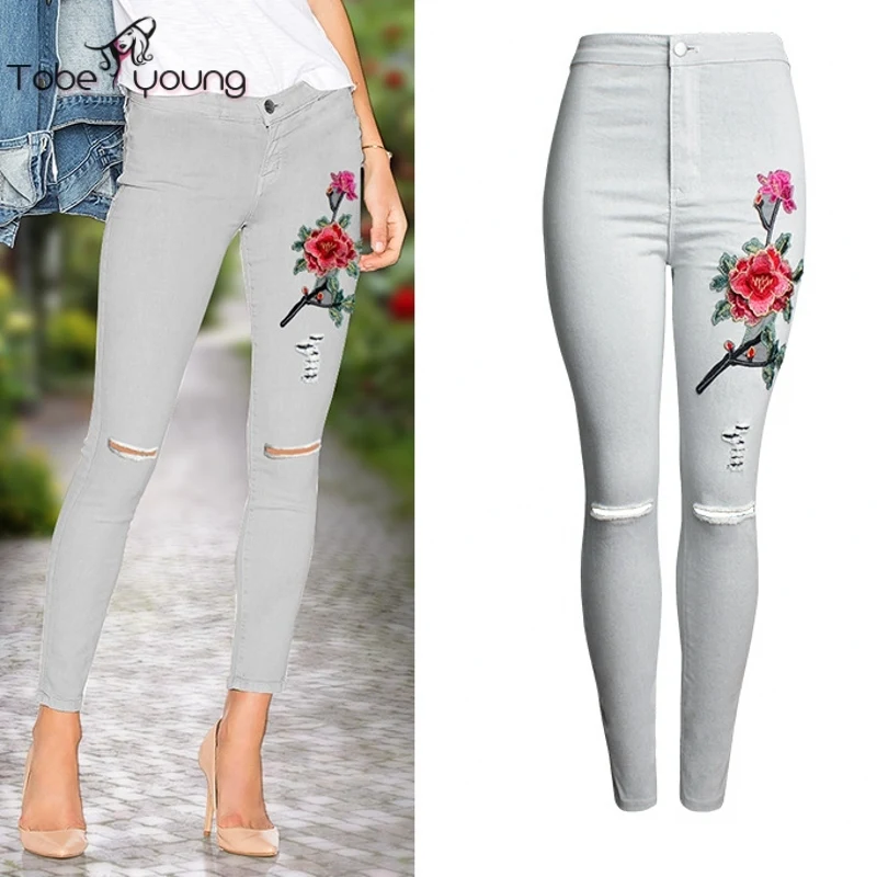 

2017 New Fashion Floral Embroidery Hole Skinny Leggings Women Slim Jeans High Waist Grey Denim Distroyed Pencil Pants Plus Size