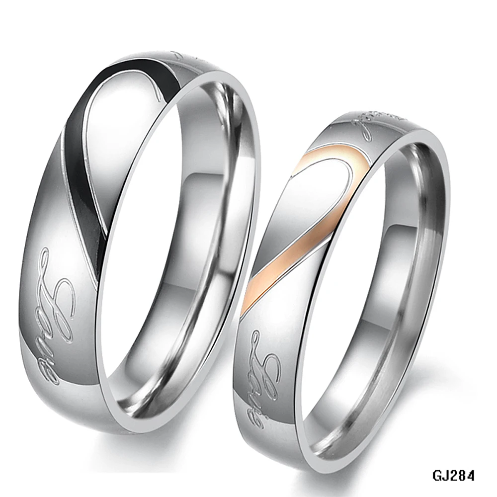 

Fashion JEWELRY 316L Stainless Steel Silver Half Heart Simple Circle Real Love Couple Ring Wedding Rings Engagement Rings