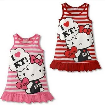 

1 2 3 4 Years Baby Girl Dress Hello Kitty Striped Vest Dress Kids Cartoon Little Girls Clothing Toddler Infant Dress Summer 2019