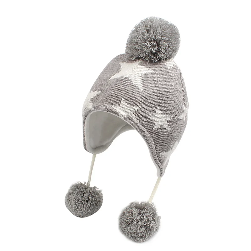 Star Fashion Knit Kids Hat Winter Warm Children Beanie Ear Protect Kids Hat With Pompom Star Pattern Baby Girls Beanie Hat  (2)