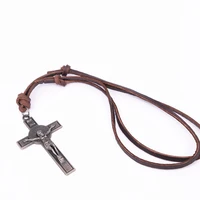 NIUYITID Collare INRI Crucifix Men Jesus Cross Pendant Necklace Women Best Genuine Leather Jewelry Religious Drop Ship