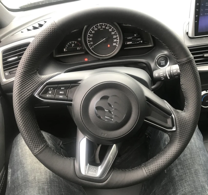 

Free Shipping High Quality cowhide Top Layer Leather handmade Sewing Steering wheel covers protect For Mazda 3 Axela