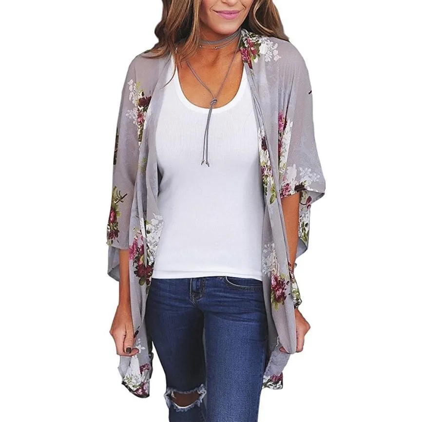 Women Chiffon Coat Jacket Blouses Summer Sun Moon Floral Print Loose