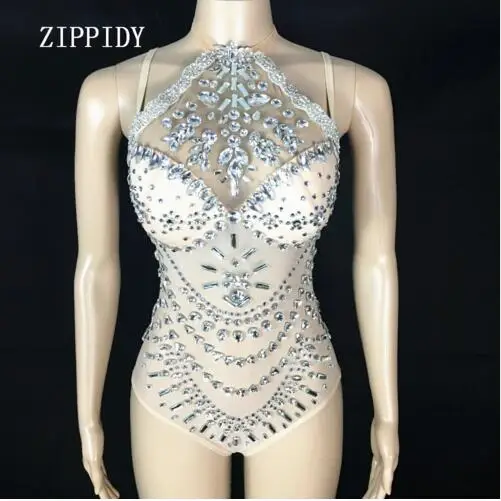 Flashing Glass Rhinestones Bodysuit Silver Stones Stretch Outfit Female Singer Costume Women's Party Wear Sexy Mesh Bodysuits sequin bodysuit Bodysuits