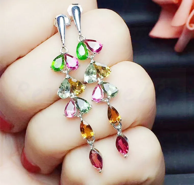 Натуральный турмалин Висячие серьги стерлингового серебра 925 0.25ct* 12 шт. 0.2ct* 4 драгоценный камень ювелирные украшения# X19030304