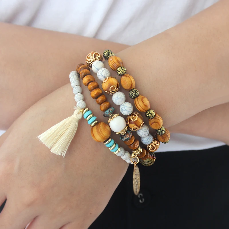 

Vintage Wooden Beads Multi-layer Tassel Bracelet Hollow Lucky Tree Color Rose Beaded Chic Bracelet Women Bohemian Ethnic jewelry