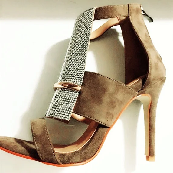 

New Arrivals Flock Gladiator Sandals Crystal Decor Bootie Sandals Open Toe Sequinned Cloth Metal Decoration Zip Bootie Shoes