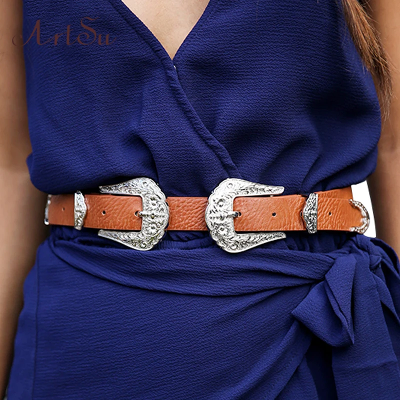 

ArtSu Vintage Faux Leather Metal Clasp Women Belt Buckle Black Waistband New Girls Strap Accessories Double Belts ASAC20006