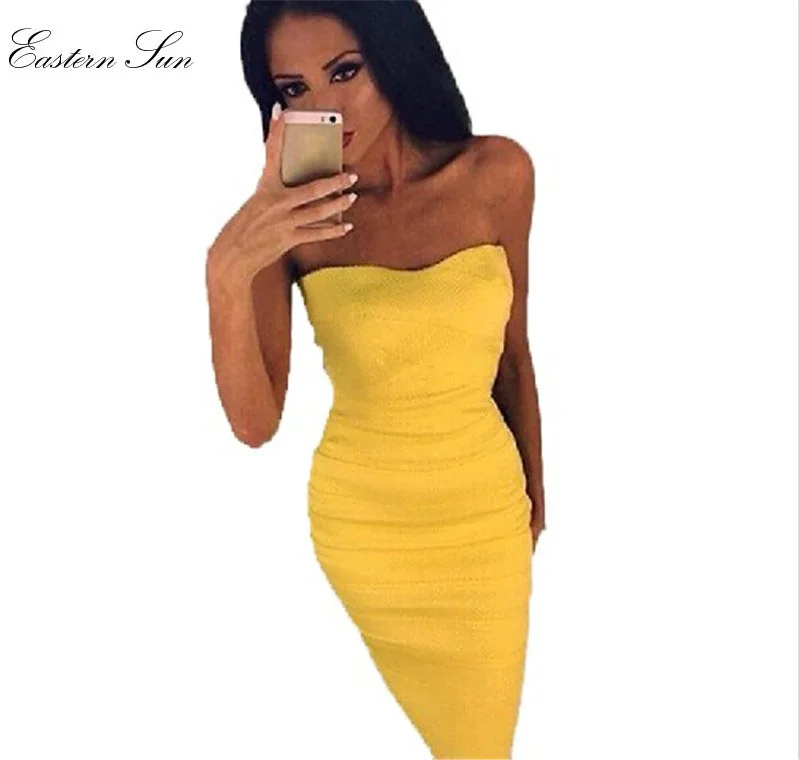Dress: strapless dress, bodycon, yellow dress, bandage dress ...