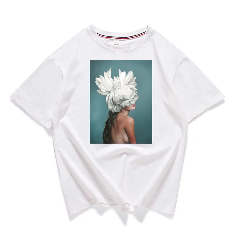 95% Хлопковая женская футболка с цветочным принтом и перьями, летняя футболка с коротким рукавом и круглым вырезом, футболка с принтом Харадзюку, Повседневная модная женская футболка - Цвет: BS1