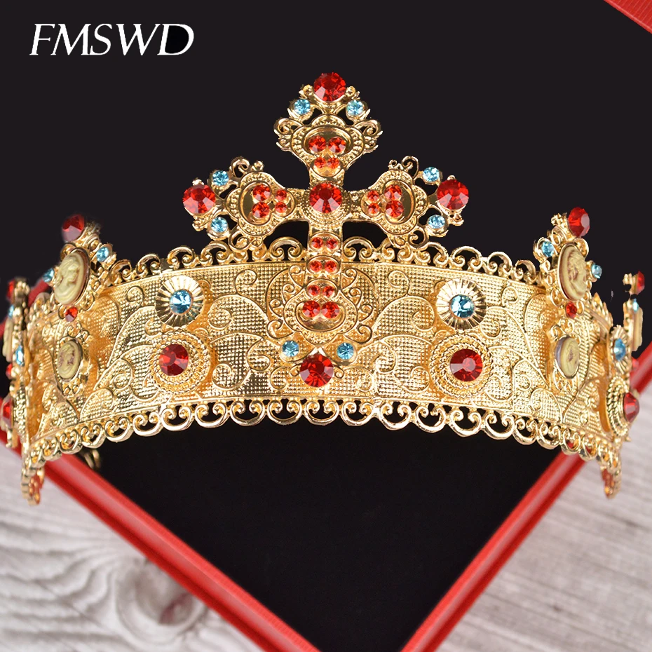 

Luxury gold Cross Crown Handmade Inlaid Colorful Transparent Crystal Headdress World Miss Hair Accessories Bridal Tiara