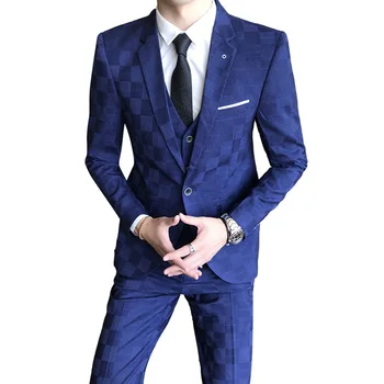 

Men's Formal Suit 3 Piece Set Business Wedding Banquet Male Grid Suits Jackets with Vest and Pants Slim Elegant Man Sets