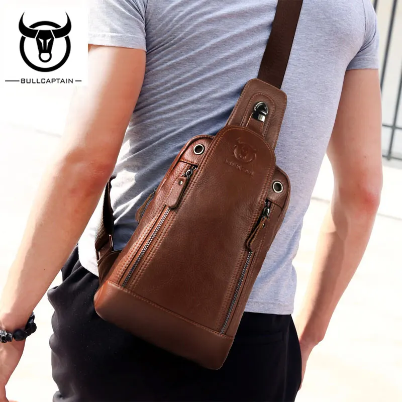 

BULLCAPTAIN Fashion Genuine Leather Crossbody Bags men Small Brand music messenger bags Male Shoulder Bag chest bag for men