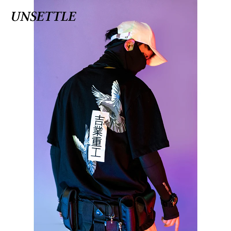 

UNSETTLE Peace Dove Printed Harajuku Short Sleeve T shirt Mens Hip Hop Logo Embroidery Tops Male Streetwear T shirt