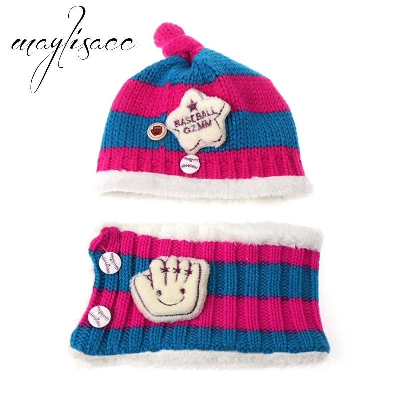 Maylisacc полосатые детские зима теплая вязаная шапка с шарфом HOT для 2-4 года лет девочки мальчики Открытый спортивные шарфы со шляпой комплект