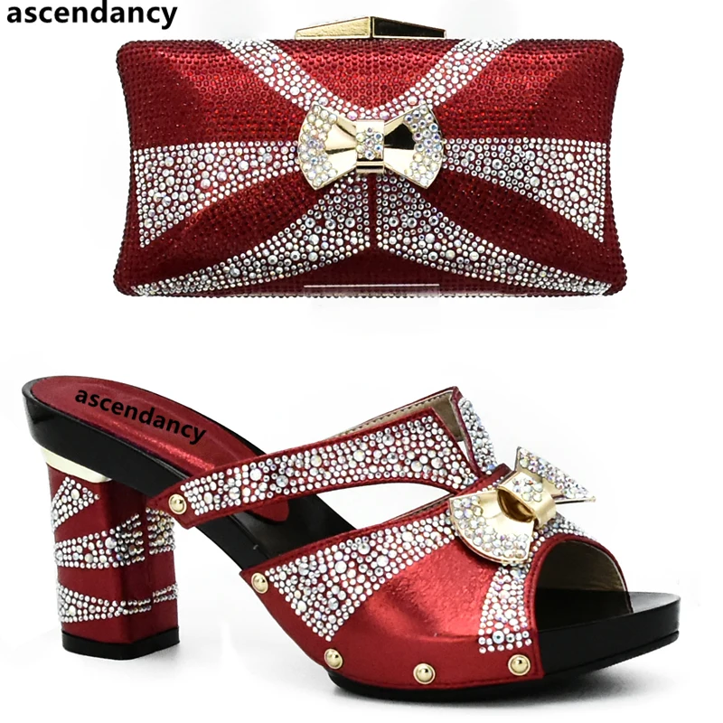 

Latest Red Color Italian Ladies Shoes and Bag Sets Decorated with Rhinestone African Matching Shoes and Bags Italian In Women