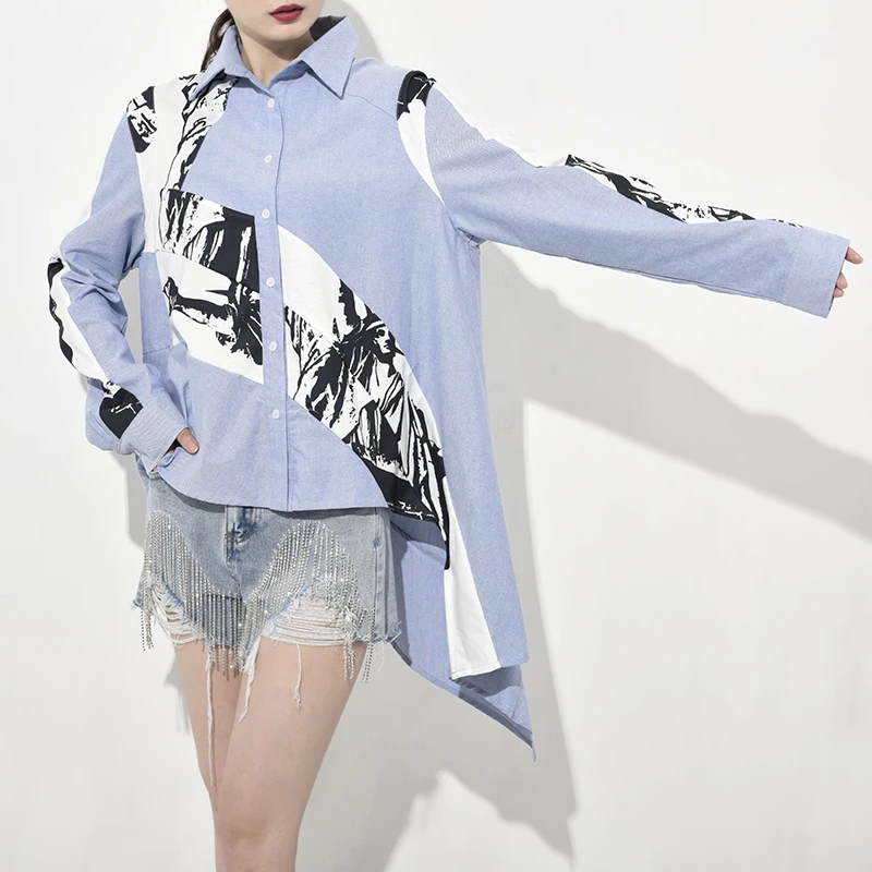 [EAM] Новая летняя и осенняя Рубашка свободного кроя с отворотом и длинным рукавом, с принтом, большого размера, женская блузка, модная одежда WG7260