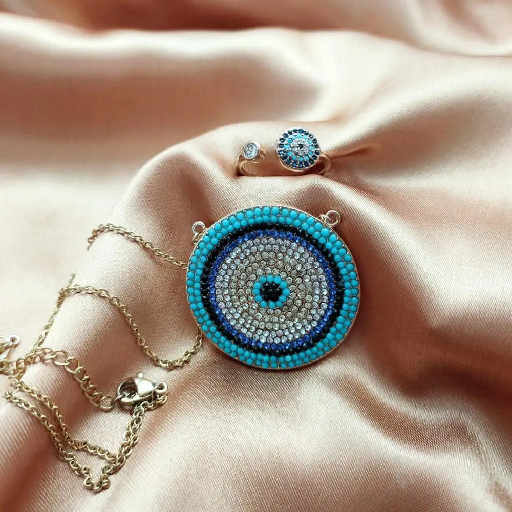 

Luxury Gold Dainty Disco Necklaces Rings Blue Crystal Lucky Eyes Turkey Jewelry Sets Big Round Micro Pave Necklace Set For Women