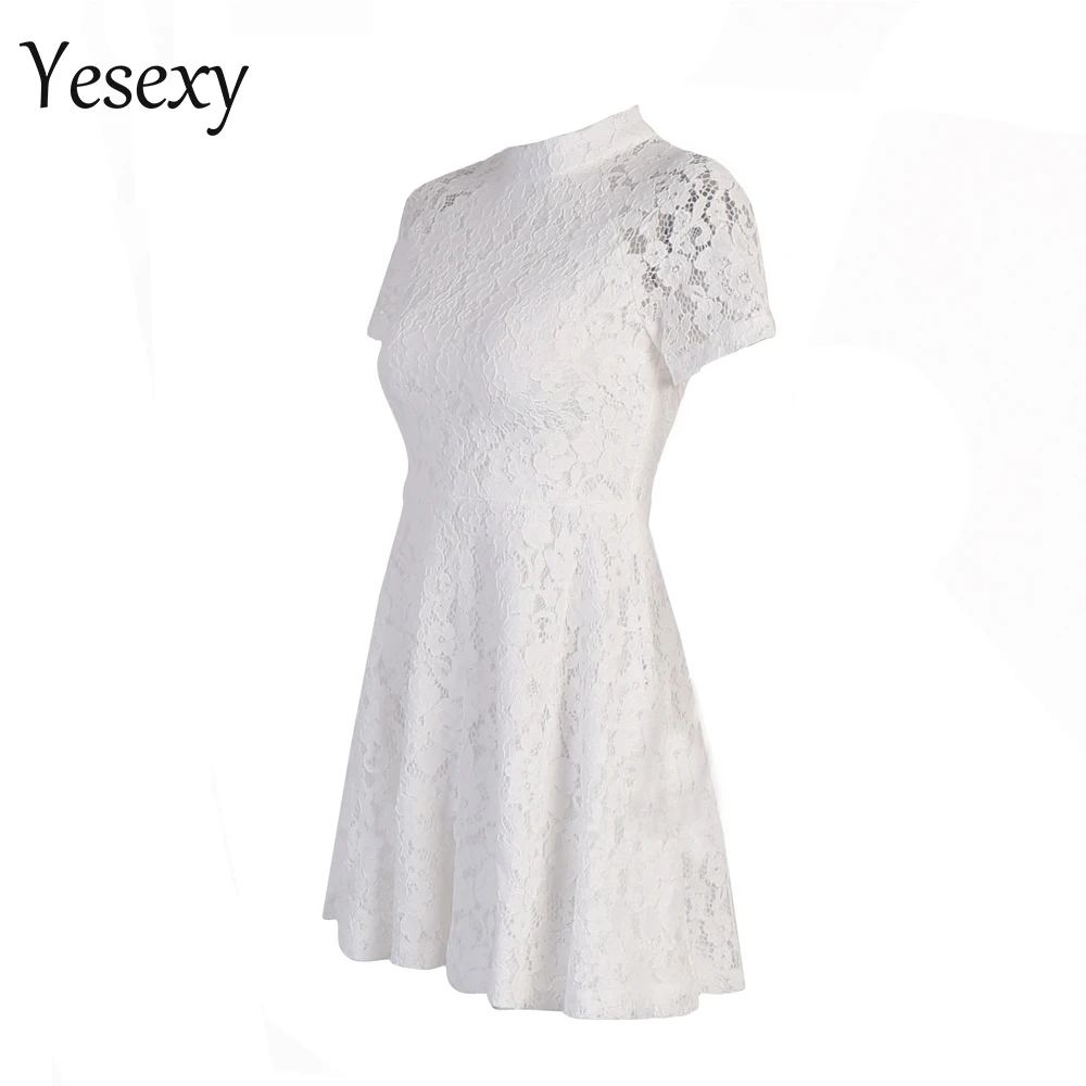 Yesexy сексуальное новое платье с высоким воротом и коротким рукавом, КРУЖЕВНОЕ МИНИ элегантное белое платье VR8609