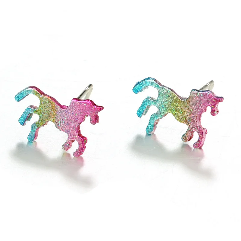 

Horse Stud Earrings For Women Men Shining Colorful Bling Animal Earring Silver Color Unicorn Ear Jewelry Accessories Pendientes