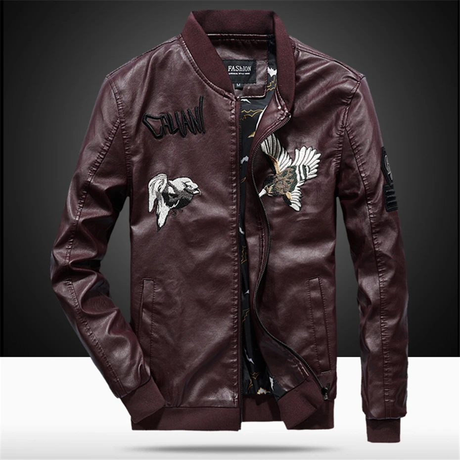 Весенне-осенняя куртка из искусственной кожи, мужская приталенная куртка с вышивкой, куртки с воротником-стойкой, одноцветная повседневная кожаная куртка WN43