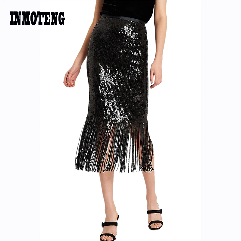 

2019 Spring Black Sequined Fringe Midi Skirts Women High Waist Pencil Skirts with Tassel Party Wear Plus Size XL Outfits